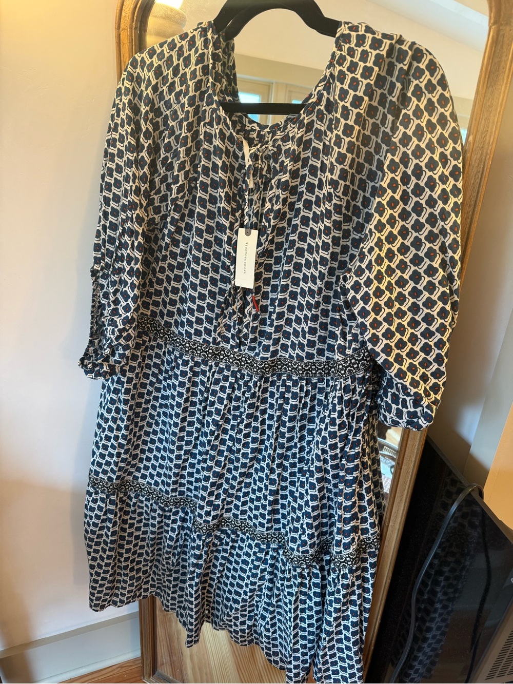 Anthropologie Navy and White Printed Tiered Maxi Dress